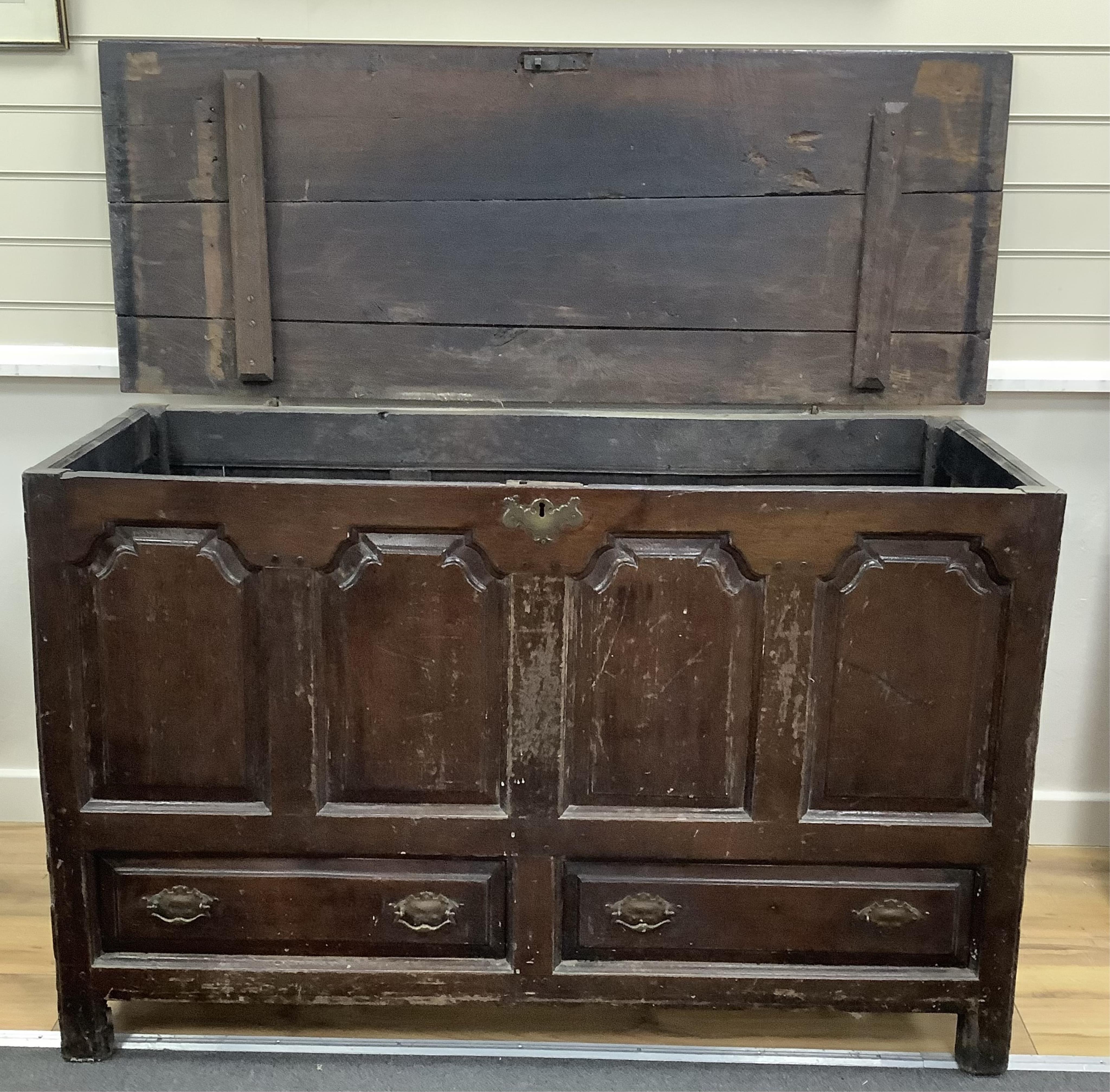 A mid 18th century North Wales oak mule chest, width 136cm, depth 53cm, height 84cm. Condition - poor